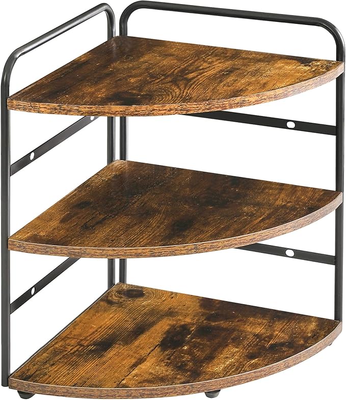 IBUYKE Corner Shelf, Kitchen Counter Organizer, Bathroom Vanity Trays, 3-Tier Spice Rack for Small Spaces,Cosmetic Storage Perfume Holder, Adjustable Height, Rustic Brown,TWJ002H