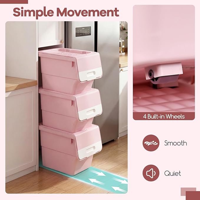Giantex Plastic Stackable Storage Bins with Lids & Wheels, 6 Pack Open Front Stacking Bins, Organizer Bins for Pantry, Kitchen, Laundry, Closet, Playroom, Bedroom Organization (35 QT)