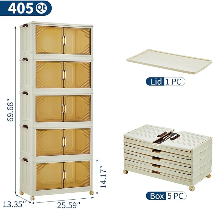 GarveeHome 405QT Stackable Storage Bins, Folding Storage Box with Magnetic Doors & Wheels, Loset Organizers and Storage with Lids, Collapsible Plastic Drawers for Bedroom Kitchen Office, White