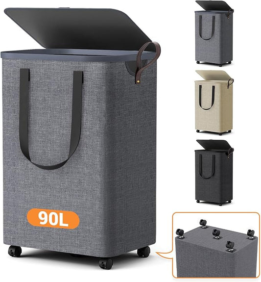 Laundry Basket with 5 Wheels, Tall Dirty Laundry Hamper, Rolling Laundry Basket with Lid, Large 90L Collapsible Clothes Hamper for Laundry Room Bedroom Bathroom Dorm, Light Gray