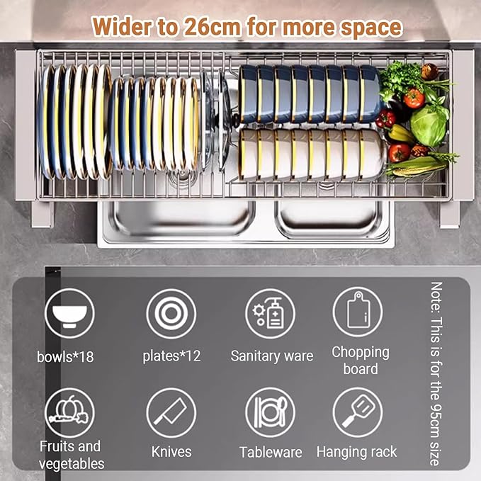 Over The Sink Dish Drying Rack 2 Tier 304 Stainless Steel Multiple Kitchen Dishware Storage Counter Organization Space-Saving with Suction Cup for Plates Bowl(66cm/26in)