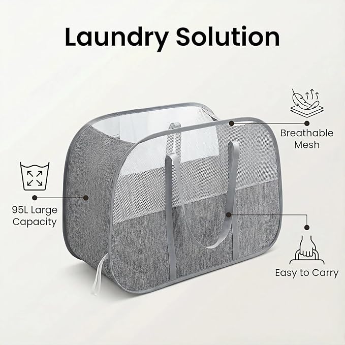 Large Collapsible Laundry Hamper,95L Capacity laundry basket with Handles,Breathable Mesh Design,Sturdy Steel Frame Clothes Hamper,Hampers for Bedroom,Dorm, Bathroom, Home