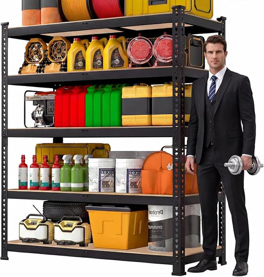 71"H x 35.5"W x 16"D 5-Tier Metal Storage Shelves: Heavy Duty Garage Shelving Adjustable Shelves for Storage - Black Utility Rack Shelf for Pantry, Warehouse, Closet, Office, Kitchen