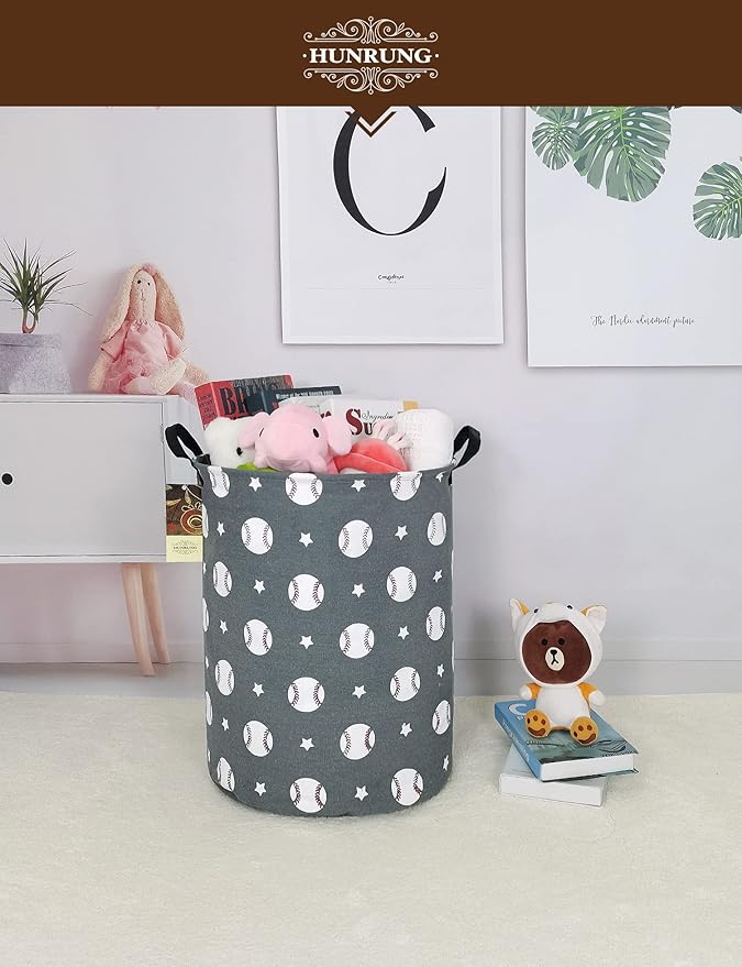 HUNRUNG Collapsible Fabric Storage Basket, Waterproof Laundry Hamper with Handles, Round Storage Bin for Clothes Toys, Foldable Organizer for Bedroom Nursery Bathroom(Round-Grey Baseball)