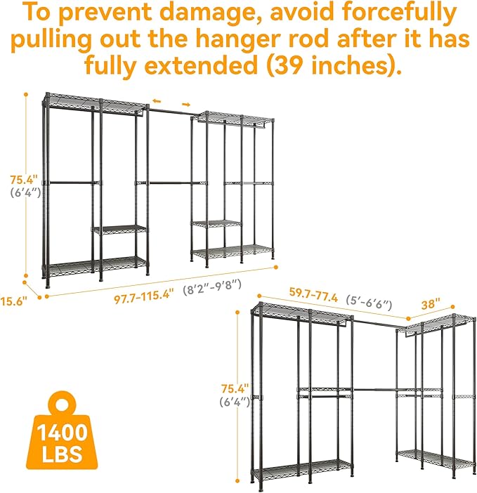 Higeego H5 Pro Heavy Duty Garment Rack, Freestanding Clothes Rack, Wardrobe Closet for Hanging Clothes, Portable Closet Organizer with Expandable Hanger Rods, (97.7-115.4")L x 15.7"W x 75.4"H, Black