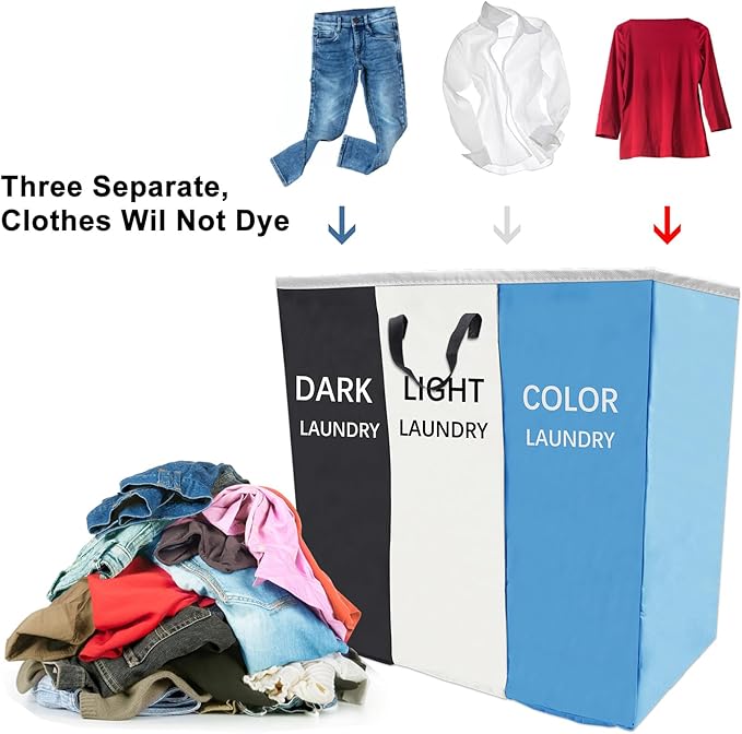 168L Laundry Hamper, Large Blanket Storage Basket Sorter 3 Section Bag Organizer for Dirty Clothes - Toys - Towel,15 X 23 X 28 inch Heavy Duty Laundry Cart Baskets (Black white blue bag)