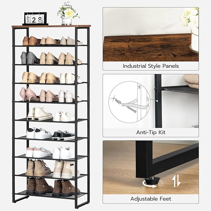 HOOBRO 10-Tier Shoe Rack for Entryway, 23.6" L Shoe Storage Organizer, Large Capacity Shoe Shelf for Closet, Front Door Entrance, Hallway, Holds 27-30 Pairs of Shoes, Rustic Brown and Black BF601XJ01