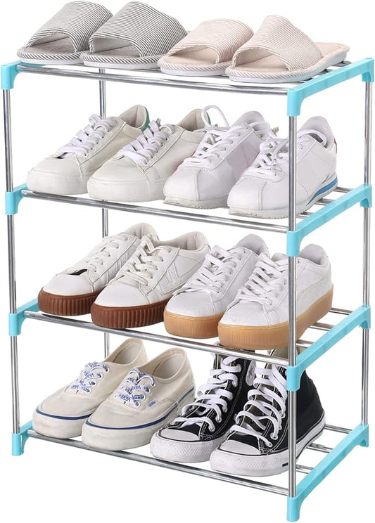 Jucaifu Stackable Small Shoe Rack, Entryway, Hallway and Closet Space Saving Storage and Organization (4-Tier, Blue)