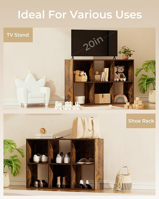 GTPLAYER 6-Cube Storage Organizer, Fits 11" Bins, Vertical or Horizontal Use, Opening Bookshelf, Partial Back Panels, Stackable Design Bookcase, for Closet, Bedroom, Home Office, Rustic Brown