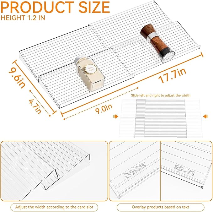 LETGO 4 Pack Adjustable Spice Rack for Drawer - 9" to 17.7" Expandable Spice Drawer Organizer 4 Tier Acrylic Seasoning Organizer Rack,Clear Spice Rack Tray for Spices,Condiment,Nail Polish and Jar (4)
