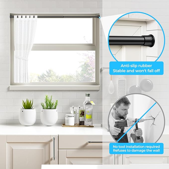 AIZESI 2 Pack Tension Rods for Windows 28 to 48 inch, Adjustable Short Curtain Rods No Drilling Small Tension Rods for Windows Door Kitchen Curtain, Black
