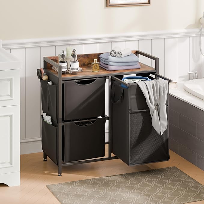 Mondeer Laundry Hamper with 3 Compartments, 100L Laundry Sorter with Wheels, Laundry Basket with Small Side Pockets and Pull-Out Removable Liners for Bedroom Bathroom