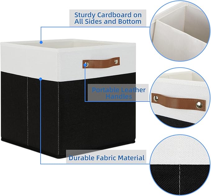 Temary Fabric Storage Bin 4 Pack Cube Storage Bin for Shelf Fabric Cube Storage Basket 13 Inch Cube Storage Bins Foldable Storage Cubes with Leather Handles(White&Black)