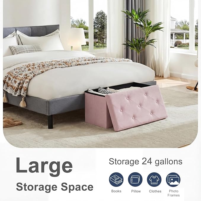 DUMOS Storage Ottoman Bench, 30in Storage Bench Foot Rest Stool with Padded Seat, Bedroom Bench with for Living Room, Support 660lbs, Pink