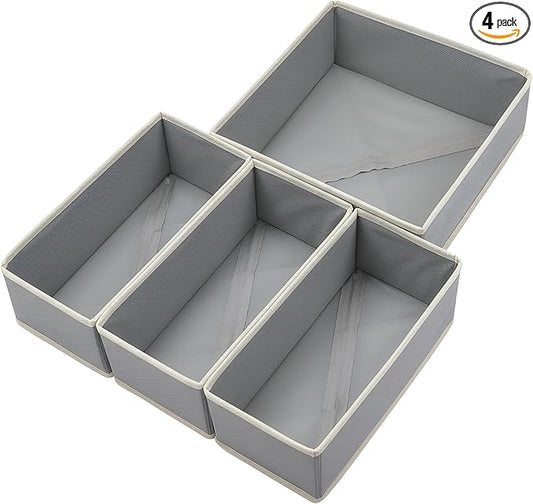Bructhun Drawer Organizer Set of 4 Light Grey - Fabric Storage Bins for Clothes, Underwear, Socks & Bras - 11" Dresser Dividers for Bedroom Closet
