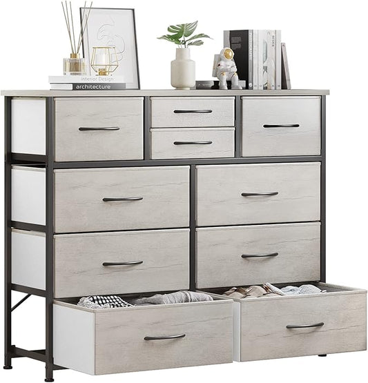 LUMTOK 10-Drawer Dresser, Fabric Storage Dresser Drawers for Bedroom, Hallway, Nursery, Closets, Steel Frame, Wood Top, Easy Pull Handle (Greige)