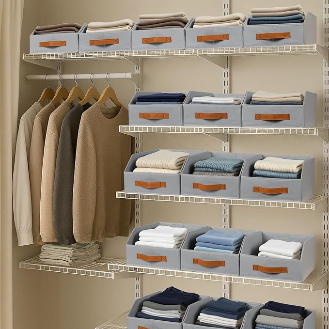 Homsorout Fabric Storage Bins for Organizing - 6 Pack Large Trapezoid Collapsible Storage Bins with Front Handle, Closet Organizers and Storage for Bedroom, Home Shelves, Small Spaces, Grey