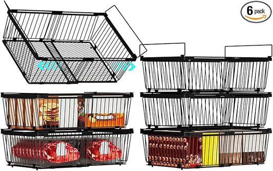 Large Freezer Organizer Bins，Upgraded Bottom Leak-Proof net，6 Pack， Expandable Stackable Chest Freezer Containers with Handle，for Fridge, Deep Freezer, Cabinet, Kitchen, Pantry (Black-6Pack)