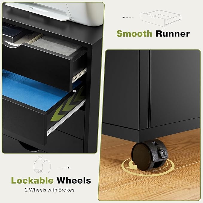7-Drawer Chest, Office File Cabinet with Wheels, Black