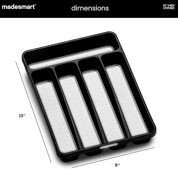 madesmart Premium Small Silverware Tray, Compact 5 Compartment Flatware Organizer for Forks, Knives & Spoons, Non Slip, Soft Grip Lining, Fits Small Drawers, Carbon