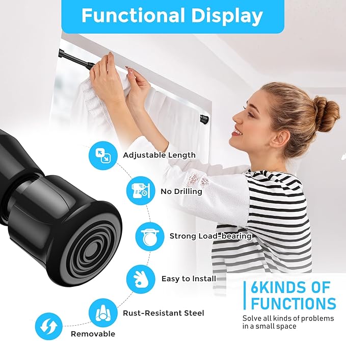 AIZESI 2 Pack Tension Rods for Windows 28 to 48 inch, Adjustable Short Curtain Rods No Drilling Small Tension Rods for Windows Door Kitchen Curtain, Black