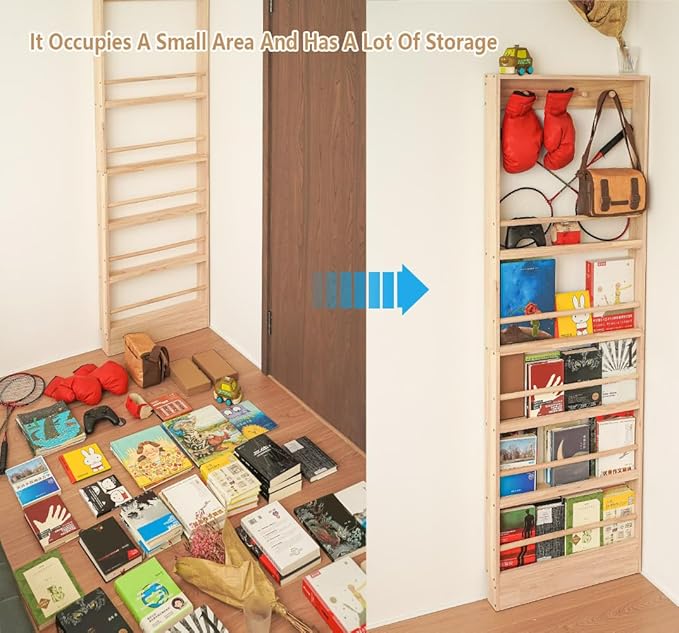 Wooden Kids Bookshelf, Wall Mount Shelf with Hooks, Organizer for Toys and Books, Space-Saving | with Hooks, Space-Saving