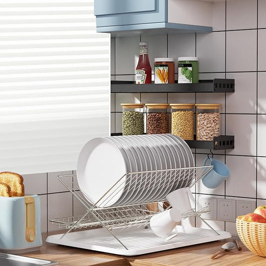 Collapsible Dish Drying Rack Space Saving Foldable Drying Rack Dishes,Stainless Steel(304) Dish Racks for Kitchen Counter,Campact Kitchen Metal 2-Tier Large