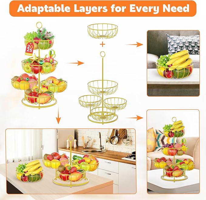 PouHenier.jh 5 Tier Fruit Basket Stand for Counter, Kitchen Tall Tiered Fruit Bowl Organizer for Dining Table Countertop, Multi Level Fresh Produce and Vegetable Holder Rack, Sturdy Metal Wire, Gold