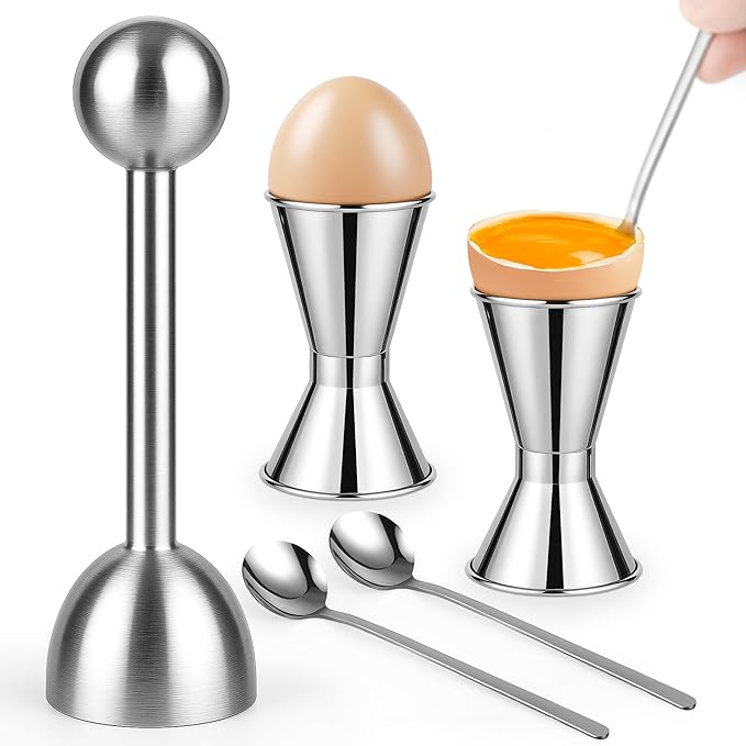 Egg Cups For Soft Boiled Eggs Set Of 5 - Includes 1 Stainless Steel Egg Cutter & 2 Egg Spoons & 2 Soft Boiled Egg Holder, Effortless & Precise Cracking - For Breakfast, Afternoon Tea, Parties