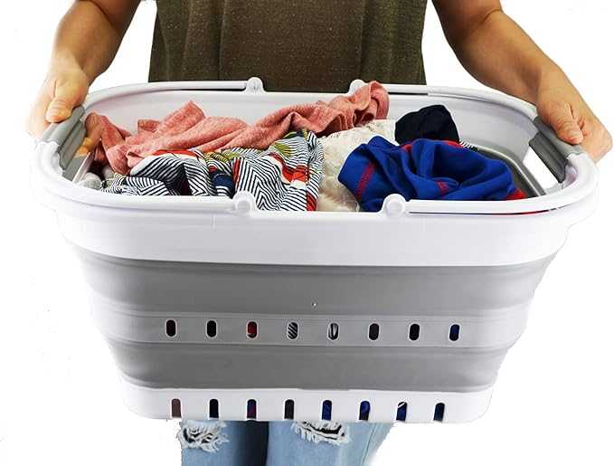 SAMMART 29L (7.6 Gallon) Collapsible Tub with Handle - Portable Outdoor Picnic Basket/Crater - Foldable Shopping Bag - Space Saving Storage Container (White/Grey, 1)