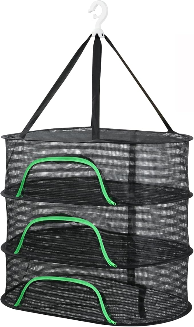 Hanging Drying Rack, Foldable Mesh Drying Net 3 Layers Hanging Dry Basket with Zipper Air Breathable Hang Rack Fish Net for Indoor Outdoor Garden Flower Plants Seeds Fish