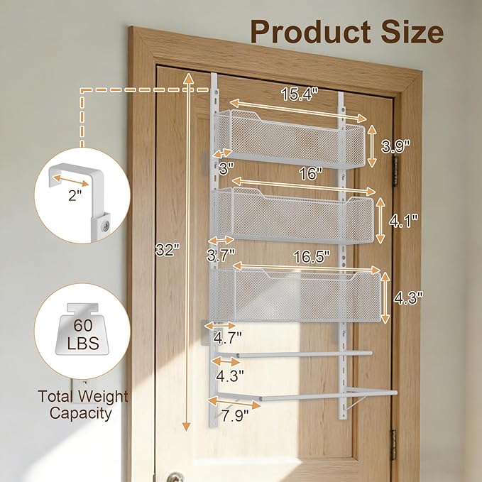 VyGrow Over the Door Storage Organizer with 3 Tier Mesh Baskets 2 Hanging Rods, 2 Mounting Options, Heavy Duty Clothes Hanger & Towel Rack for Bathroom Bedroom Office, White