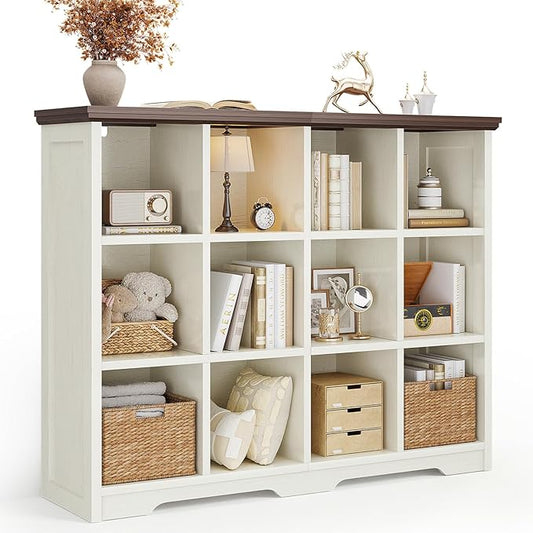 OffiGo 12 Cube Organizer Bookcase, Modern Farmhouse Open Shelf for Storage Bins & Decor, Display Bookshelf Console Closet for Living Room, Bedroom, Home Office, Walnut+White