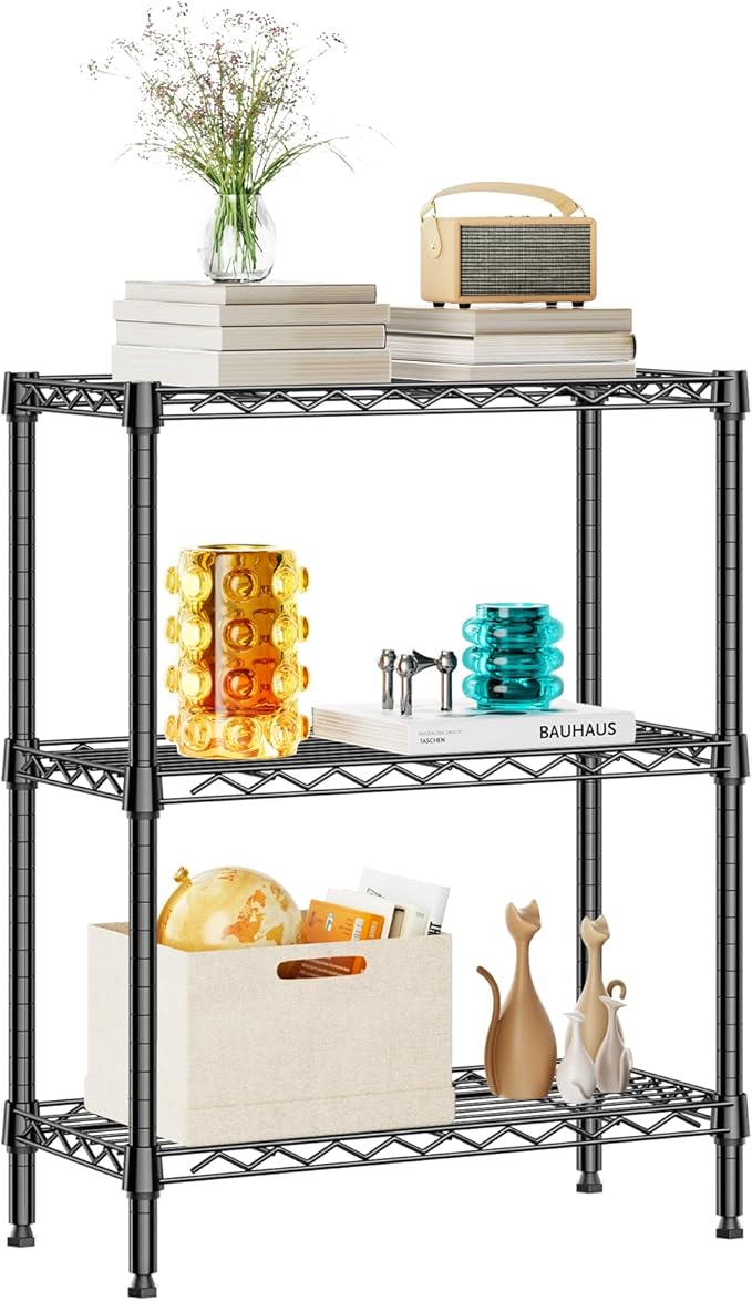 IZEUK 3-Tier Small Storage Shelf Wire Shelving Unit Metal Shelf Adjustable Organizers Storage Shelving for Bathroom Laundry Room Kitchen Pantry, 750 lbs Capacity, Black, 11.8" D x 25.6" W x 31.5" H