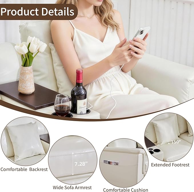 LEVNARY 2-Seater Modular Reclining Sofa with Center Console, Upholstered Faux Leather Power Recliner Loveseat with Cup Holders, USB Charging, Side Pockets & 2 Pillows, Living Room Furniture (White)