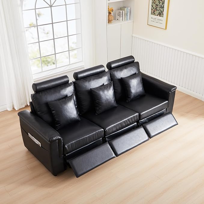 LEVNARY 3-Seater Modular Reclining Sofa, Upholstered Faux Leather Power Recliner Couch with 3 Electric Seats, 3 Pillows & Side Pockets, Adjustable Back & Footrest, Living Room Furniture (Black)