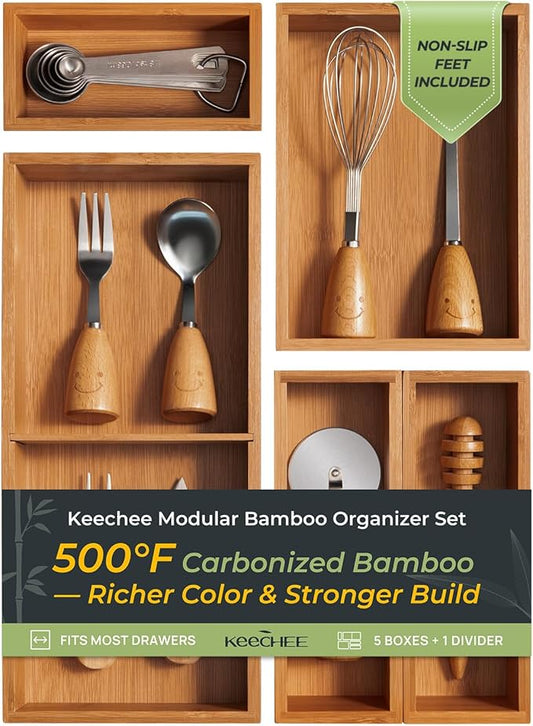 keechee Carbonized Bamboo Kitchen Drawer Organizer (Bundle: 5pc Organizers Set)