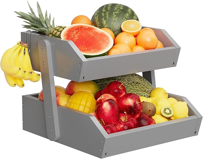 Bamboo 2 Tier Fruit Basket for Kitchen Counter, Large Capacity Fruit Storage Countertop, Fruit Holder, Wood Pantry Organizers and Storage, Kitchen Countertop Organizer With 2 Banana Hangers (Grey)