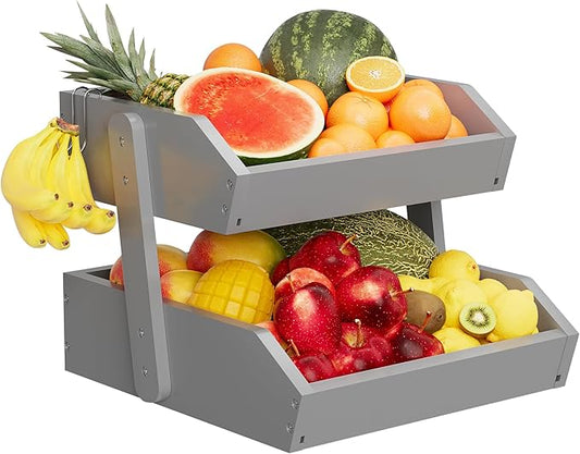 Bamboo 2 Tier Fruit Basket for Kitchen Counter, Large Capacity Fruit Storage Countertop, Fruit Holder, Wood Pantry Organizers and Storage, Kitchen Countertop Organizer With 2 Banana Hangers (Grey)