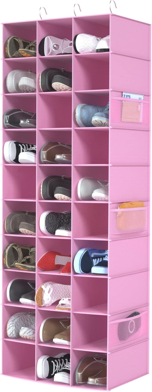 coastal rose Hanging Shoe Organizer for Closet, 30 Sections Hanging Closet Organizers and Storage Shelves Space Saving Shoe Racks Holder Pink,17" W×11.5" Dx 48" H