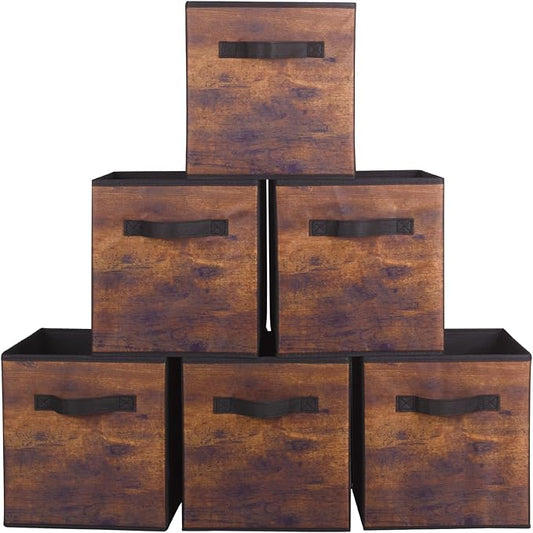 PowerKing Collapsible Storage Cubes with Handles, Fabric Foldable Bins for Closet Shelves, Durable Organization Storage Bins, 10.5'' x 11'' x 10.5'' (6Pack, Vintage Wood Grain)