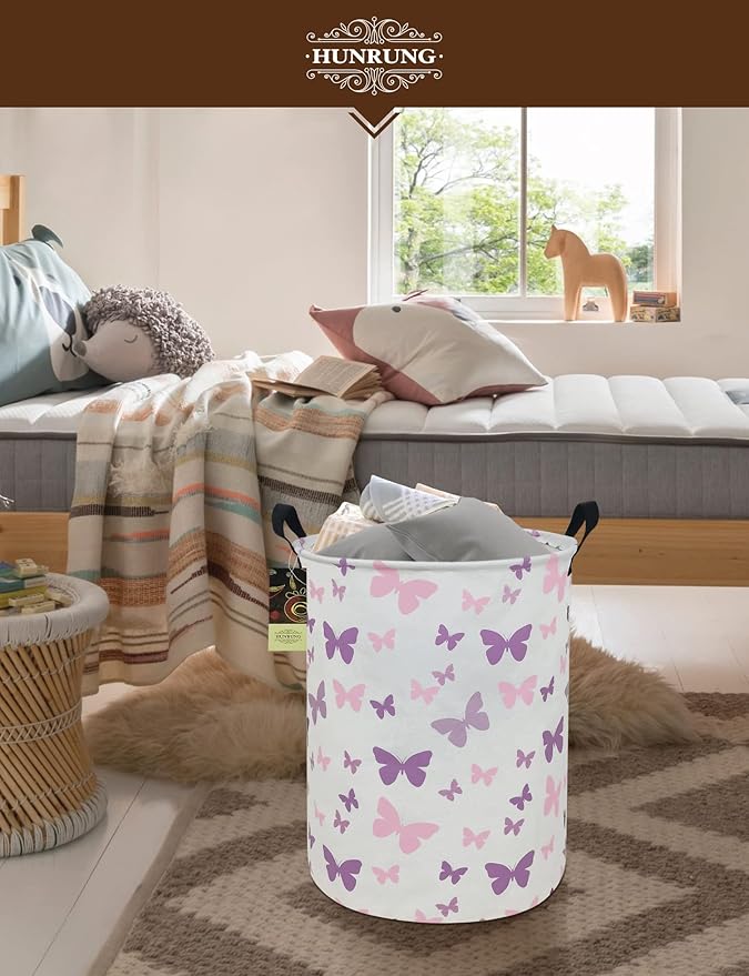 HUNRUNG Collapsible Fabric Storage Basket, Waterproof Laundry Hamper with Handles, Round Storage Bin for Clothes Toys, Foldable Organizer for Bedroom Nursery Bathroom(Round-Purple Butterfly)
