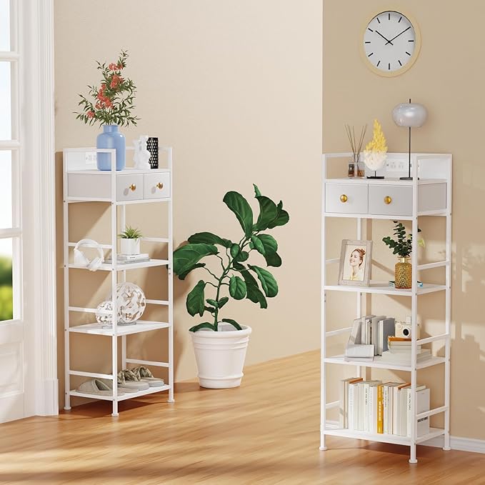 Storage Tower with USB Outlet & LED Lights, 2 Fabric Drawers and 4 Shelves, Narrow Closet Organizer for Bedroom, Bathroom, Entryway, White
