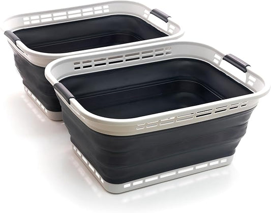 SAMMART 42L (11 gallons) Collapsible Plastic Laundry Basket - Portable Pop Up Storage Container/Organizer - Portable Hamper - Space Saving Easy Storage (Grey/Slate Grey (Set of 2))