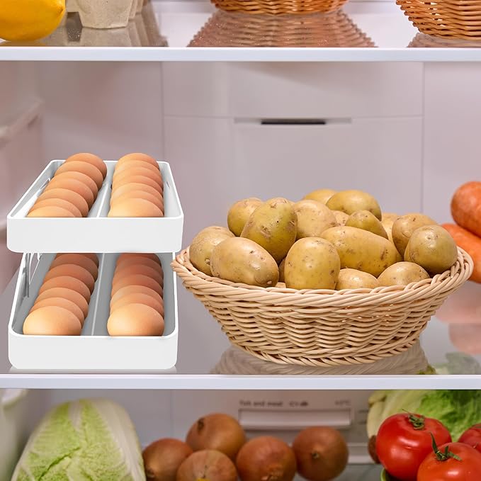 Egg Holder for Fridge Automatic Rolling Egg Dispenser for Refrigerator Kitchen Countertop - Space-saving Egg Roller/Organizer/Storage/Container/Tray for Fridge Double Track
