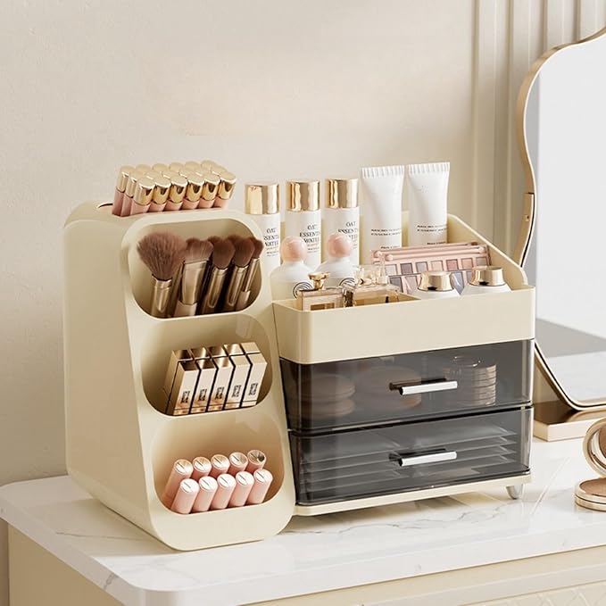 Booklov Makeup Organizer for Vanity, Large Capacity Cosmetic Display Case with Clear Acrylic Drawer, Countertop Beauty Storage Holder for Skincare, Brush Eyeshadow Lipstick Counter Desk, Crystal Cream