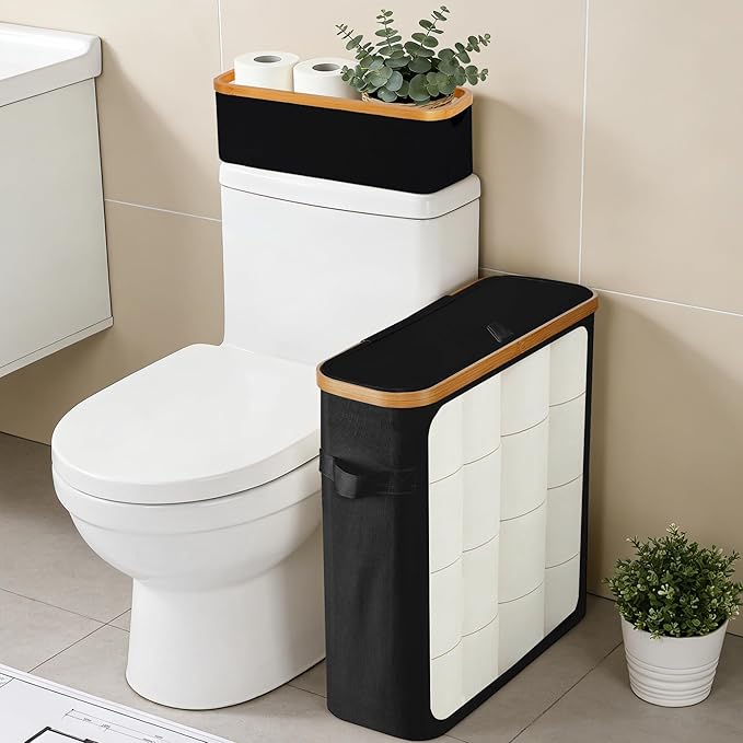 Livole 2-in-1 Toilet Paper Storage with Lid Toilet Paper Basket- 20 Regular Rolls or 15 Mega Rolls Extra Large Toilet Paper Organizer for Bathroom, Black