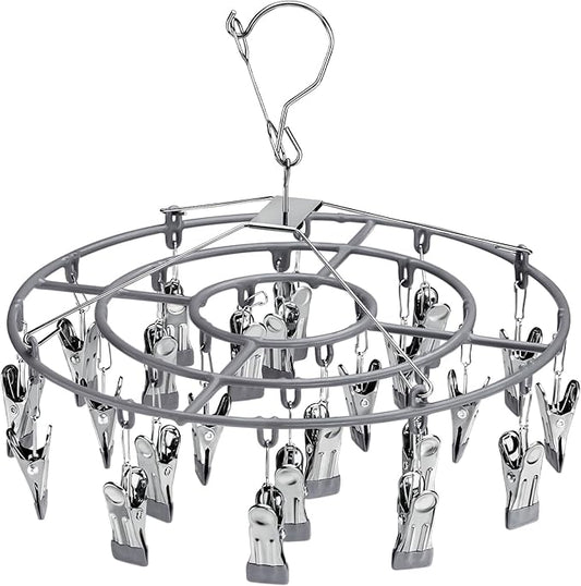 PHYDELU Drying Rack Clothing with 24 Clips，Sock Hanger for Drying，Hanging Clothes Dryer Underwear Hangers Racks Laundry Herb Socks Panty Wet Bra Lingerie Baby Delicates Foldable Small Indoor Metal