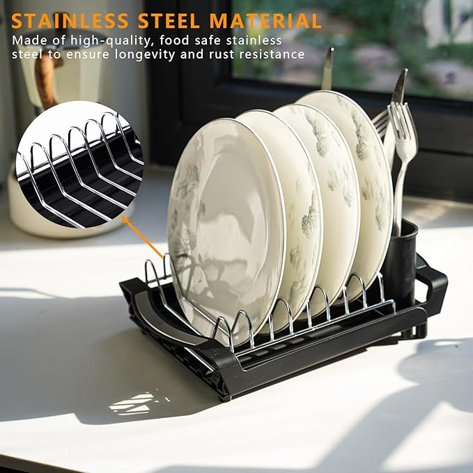 Over The Sink Dish Drying Rack, Adjustable Expandable Kitchen Sink Organizer (11.42-19.9 Inch), Heavy Duty Metal Dish Drainer with Utensil Holder, Space Saving, Black