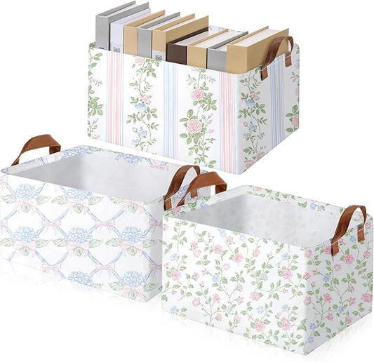 Boao 3 Pcs Blue Hydrangea Storage Bin Fresh Style Floral Collapsible Large Storage Baskets for Gifts Canvas Laundry Basket Foldable Box with Handle for Office Home Bedroom Clothes